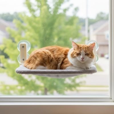 Chat-roux-allongé-confortablement-dans-un-Hamac-pour-chat-fenetre