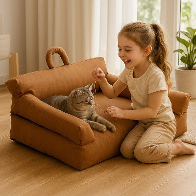 fillette jouant avec chat tigre sur lit pour chat