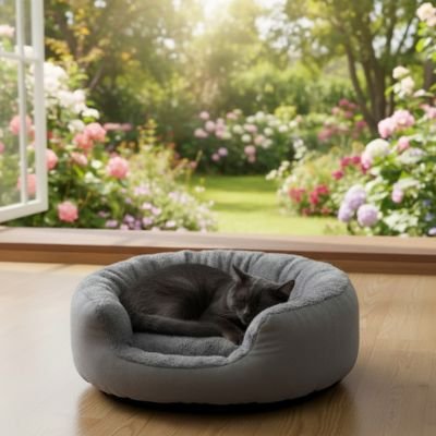 Chat confortablement installe dans le panier Premium gris Confort demonstration d utilisation