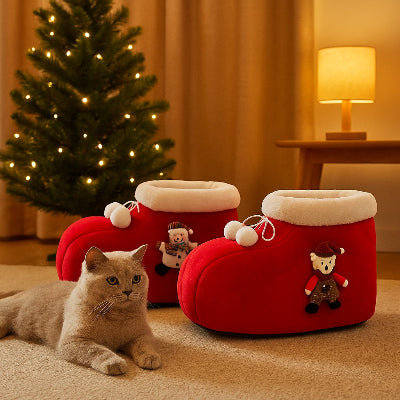 Chat curieux a cote de son lit en forme de botte de Noel decorative