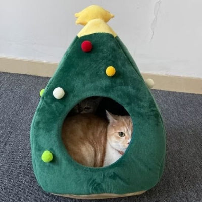 Chat roux dormant paisiblement dans son lit sapin de Noel festif