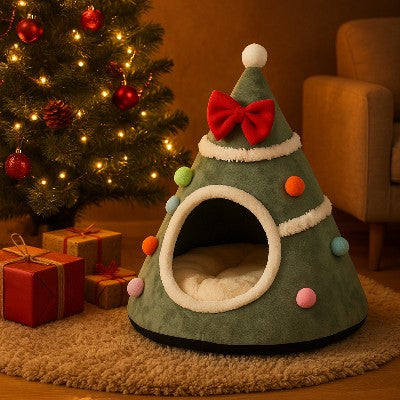Lit de Noel pour Chat en Forme de Sapin vert au salon