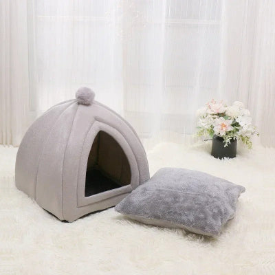 Niche chat igloodesign en tissu gris avec coussin amovible assorti