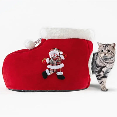 Vue detaillee du lit pour chat en forme de botte de Noel avec finitions de qualite