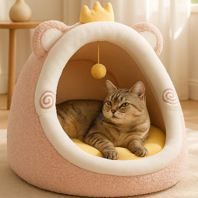 chat beige assis dans Niche a Chat Ours Douillet