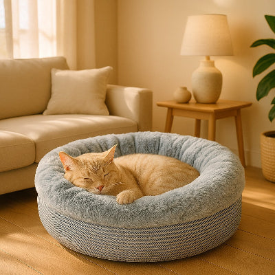 chat beige endormi dans Lit pour chat semi ferme DoudouNest