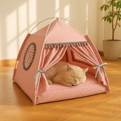 chat beige endormi sous Tente pour Chat Anti Stress rose