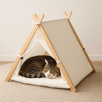 chat endormi sous tente pour chat mon-chatelier beige