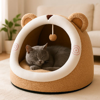 chat gris endormi dans Niche a Chat Ours Douillet