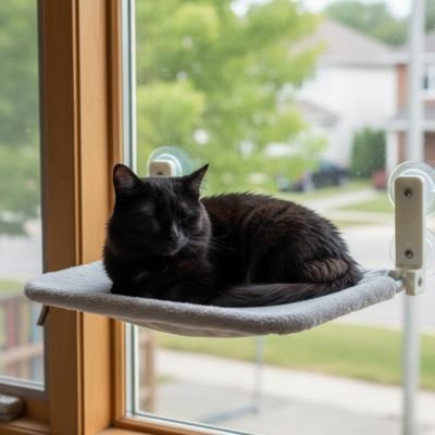 Chat-noir-confortablement-installe-dans-un-Hamac-pour-chat-fenetre-gris