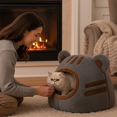 femme-juant-avec-chat-dans-Niche-pour-Chat