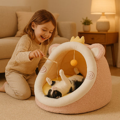 fillette joue avec chat couche dans Niche a Chat Ours Douillet